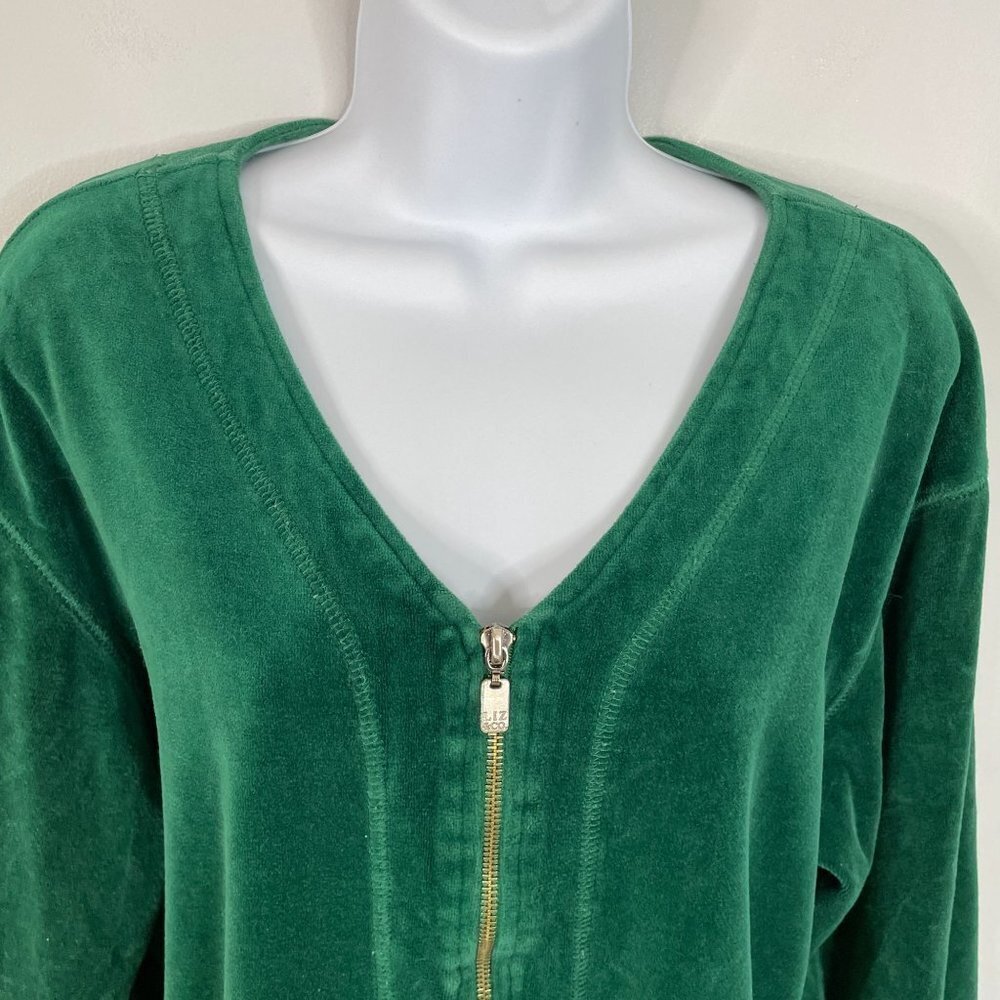 Vintage Y2K Womens VELOUR Jacket Sz LP Dark Green FULL ZIP Long Sleeve Holiday - Picture 2 of 12